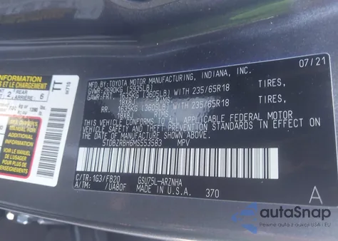 2021 Toyota Highlander Le z USA, uszkodzony, nr VIN 5TDBZRBH6MS553583